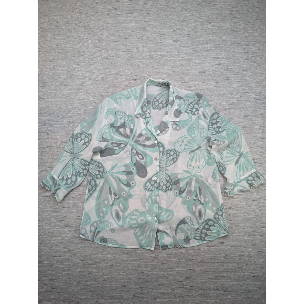Sheer Butterfly Button‎ Up Shirt Womens XXL Nature Mature Lightweight